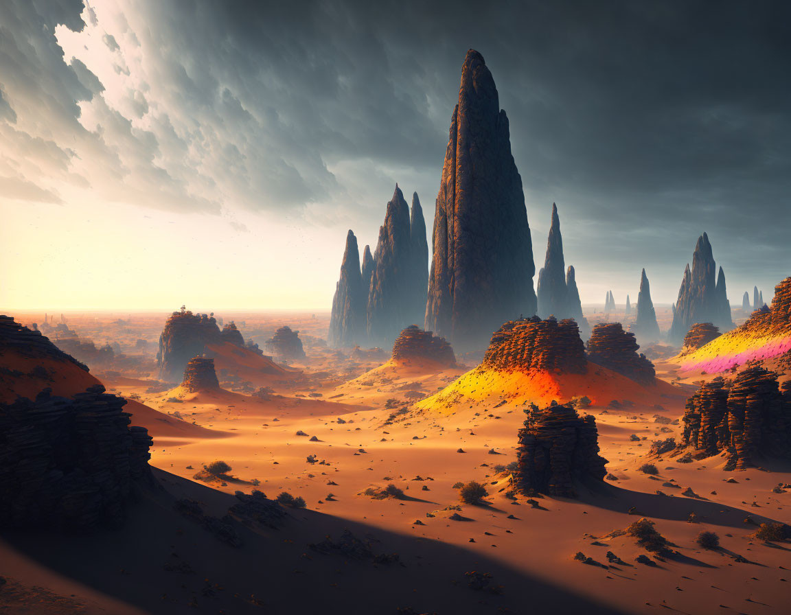 Dramatic desert sunset with towering rock formations