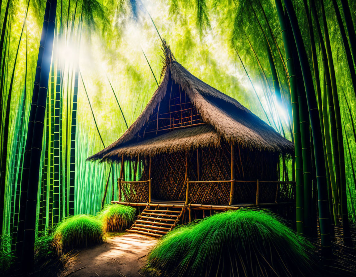 Traditional Thatched Hut in Vibrant Bamboo Forest with Sunrays