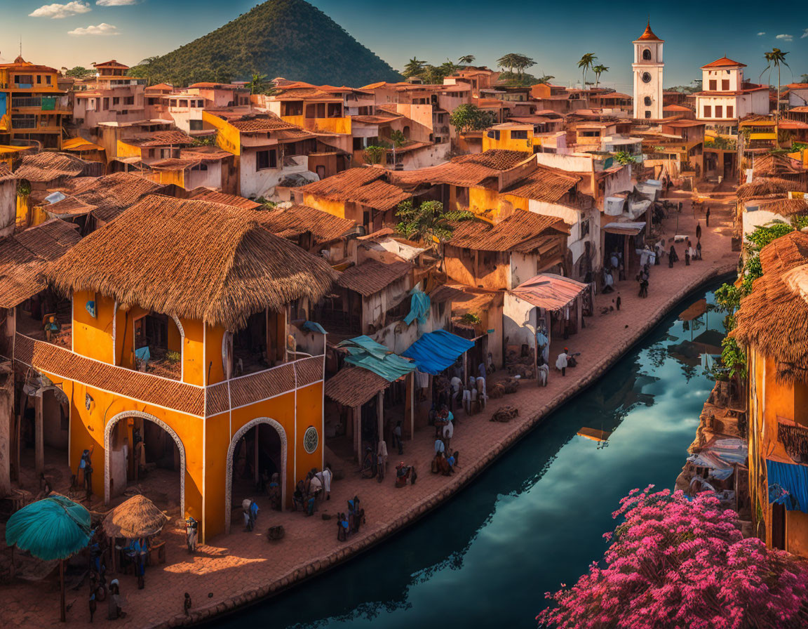 Traditional village with terracotta-roofed houses, canal, church tower at sunset