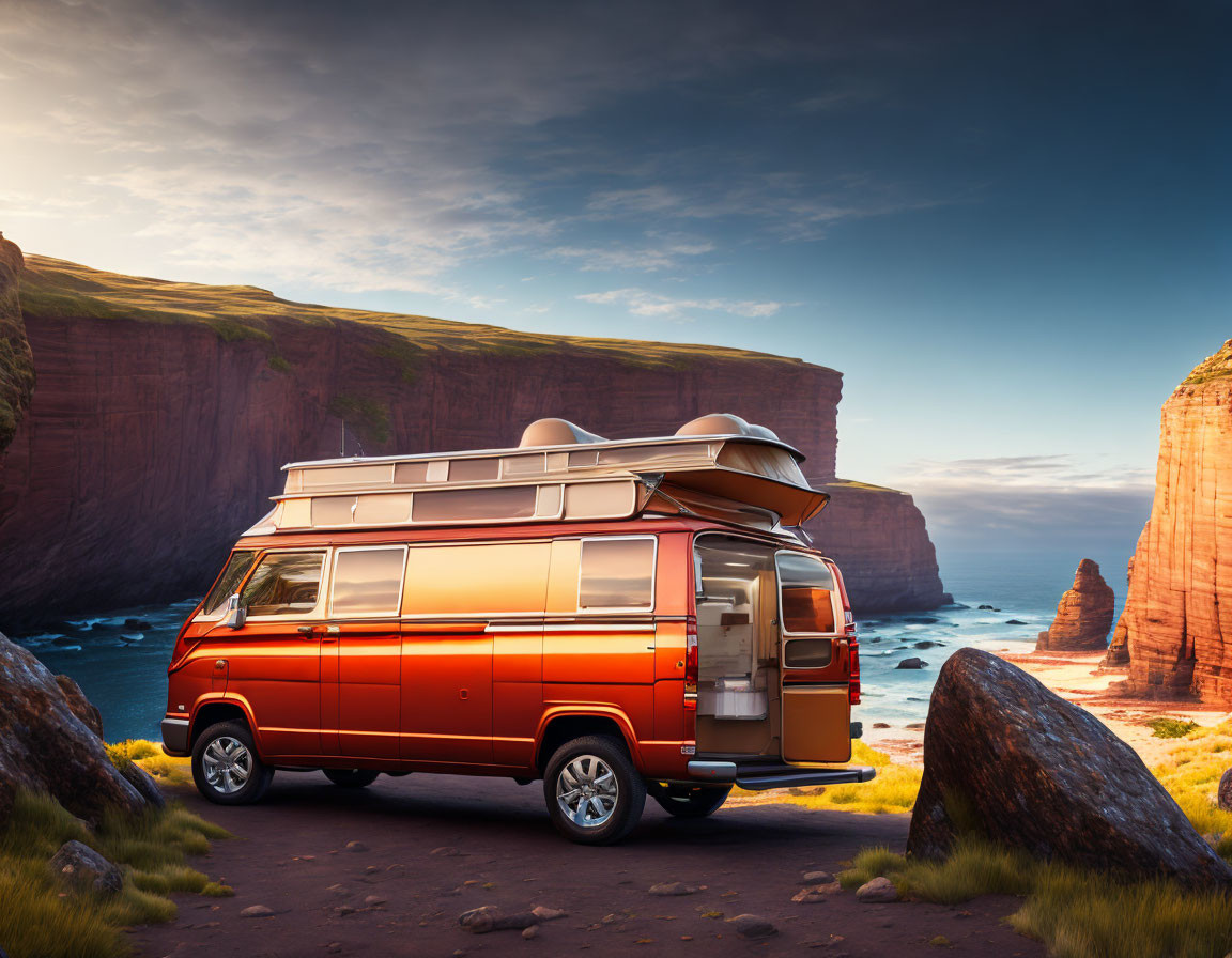 Vintage Orange Camper Van on Coastal Road with Cliffs and Sea Stacks