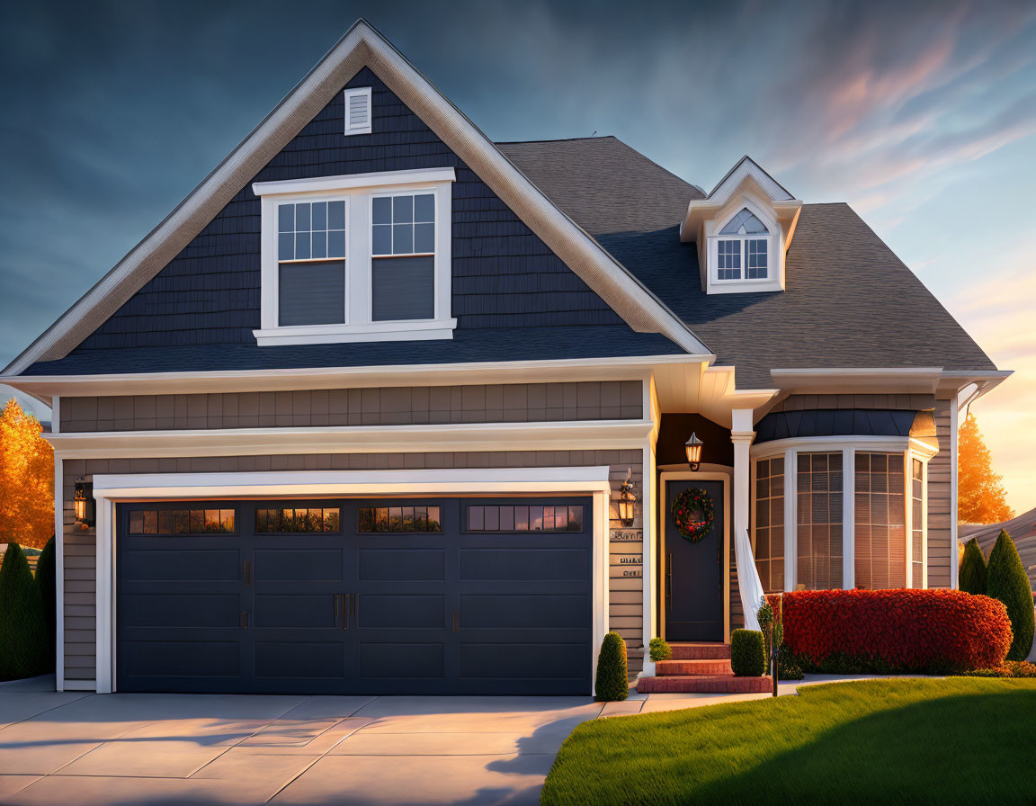 Suburban house with blue-gray siding, white trim, red door wreath