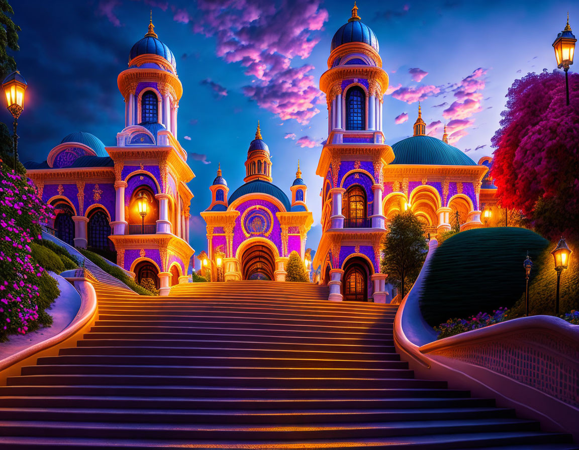 Ornate illuminated cathedral at twilight with lush greenery