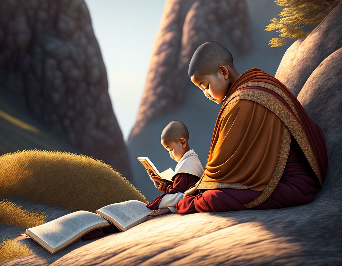 Two monks reading books in serene natural setting