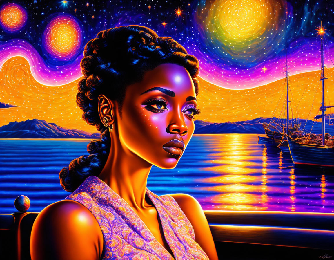 Colorful portrait of a woman against cosmic backdrop and serene waterscape