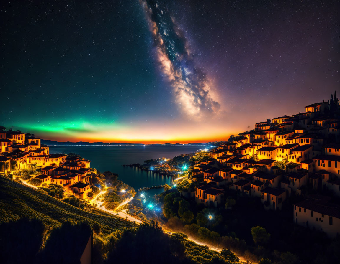 Starry night sky over coastal town with Milky Way and green aurora