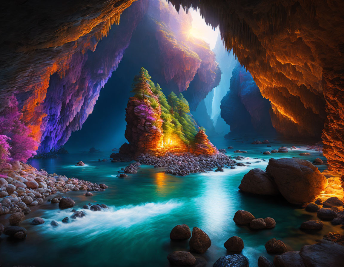 Ethereal cave with luminous river, vibrant island, colorful stalactites