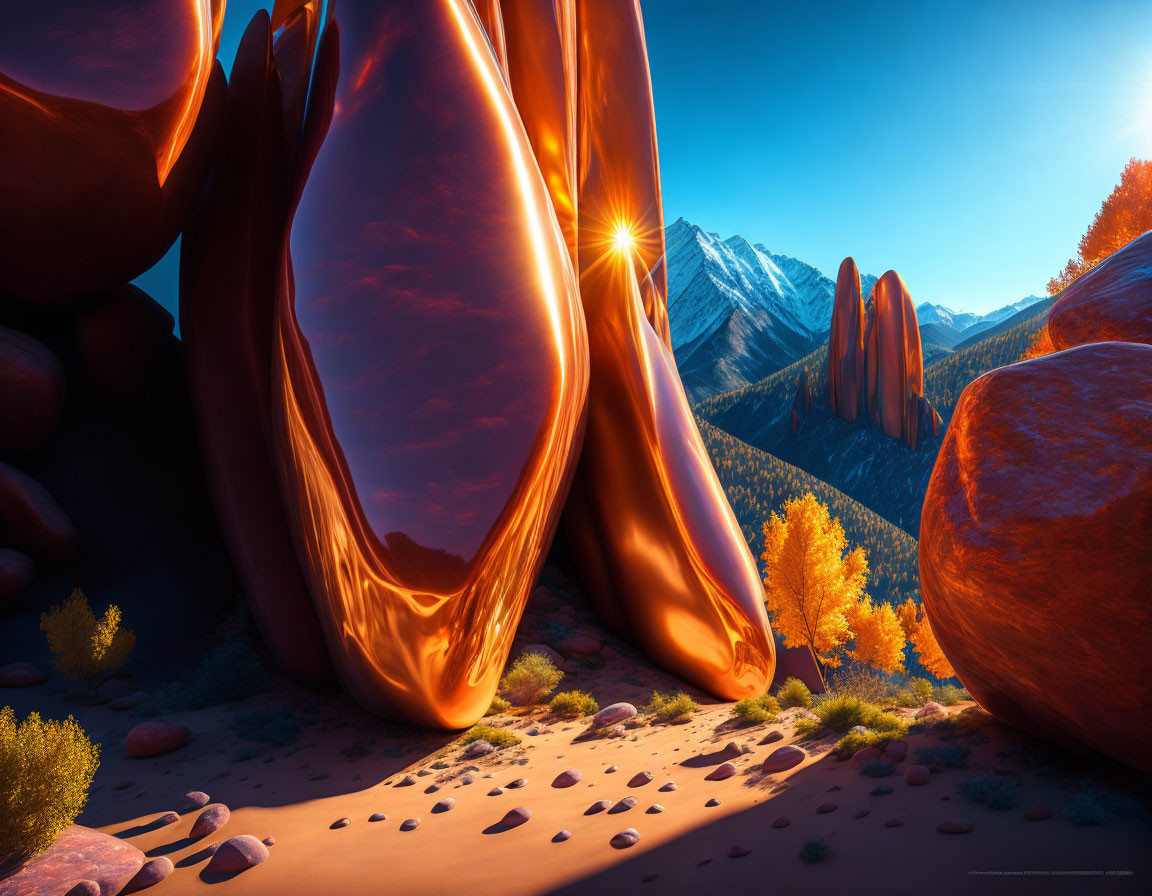 Autumn sunrise over red-orange rock formations and mountain landscape