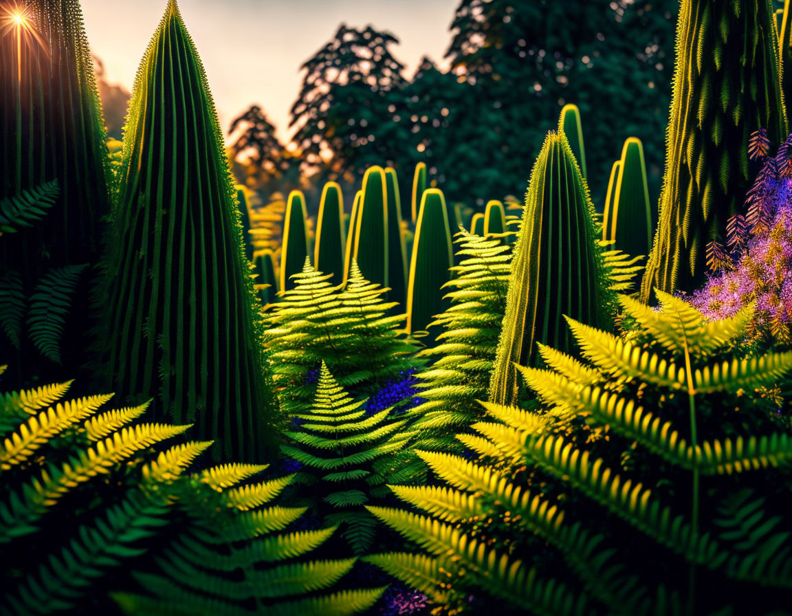 Sunlit Ferns and Sculptural Plants Amid Dark Trees