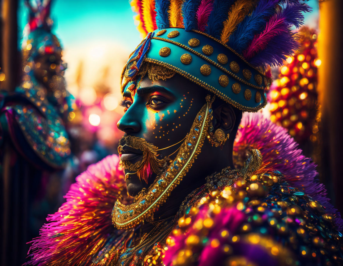 Colorful Carnival Costume with Blue and Gold Headgear and Feathers