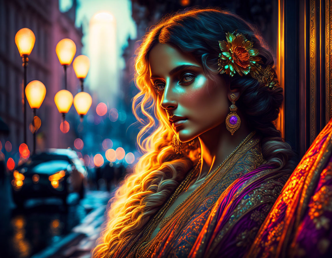 Elaborately adorned woman in vibrant attire under twilight city lights