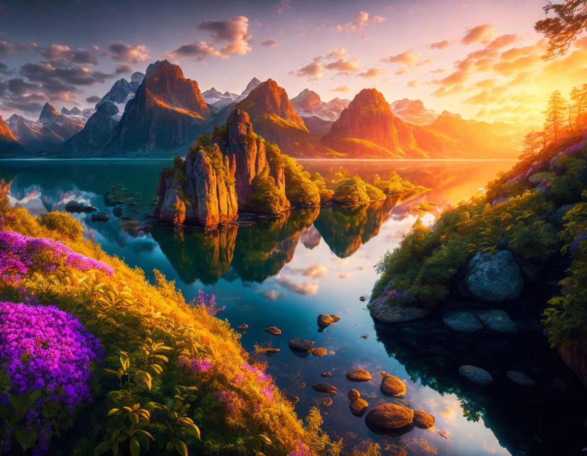 Scenic sunset over lake with mountains, flowers, clear reflection