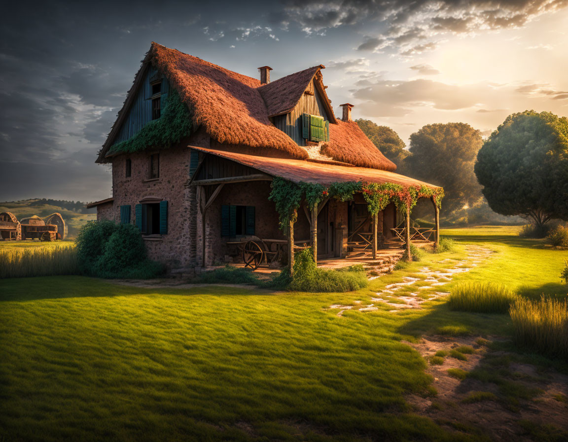 Thatched-Roof Cottage with Ivy, Veranda, Stone Path in Warm Sunset Light