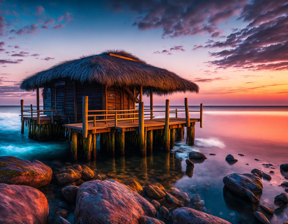 Tranquil sunset over calm waters and thatched hut