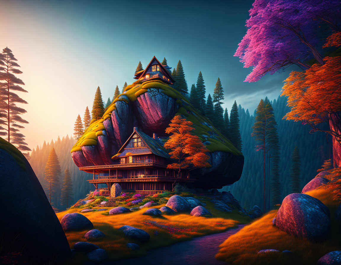 Vibrant fantasy landscape with house on giant stone in colorful forest