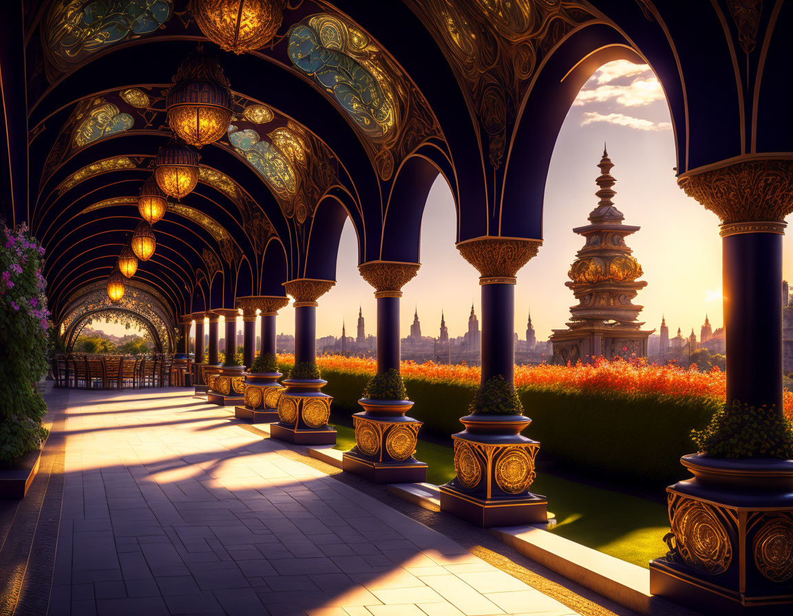 Ornate corridor with arches and lanterns leading to garden pagoda at sunset