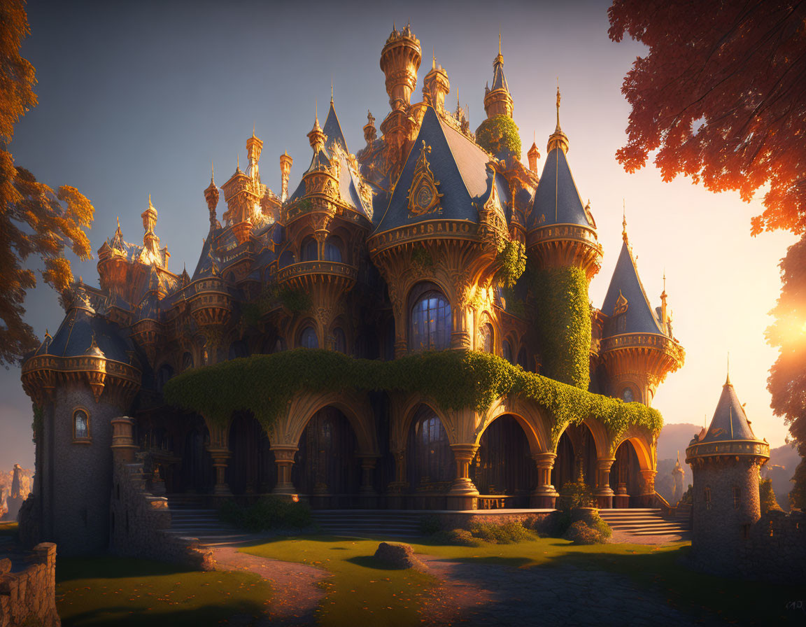 Majestic fantasy castle in lush greenery at sunset