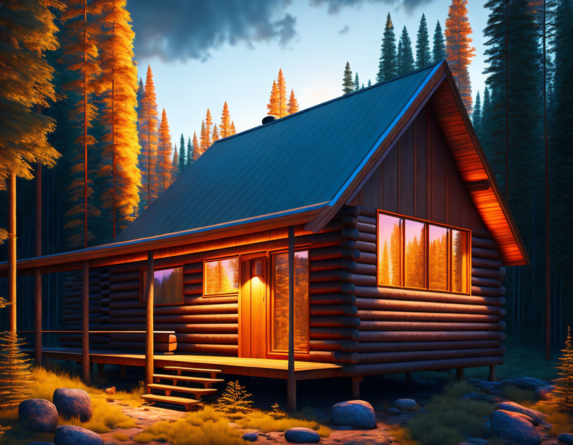 Rustic log cabin in forest at dusk with glowing windows