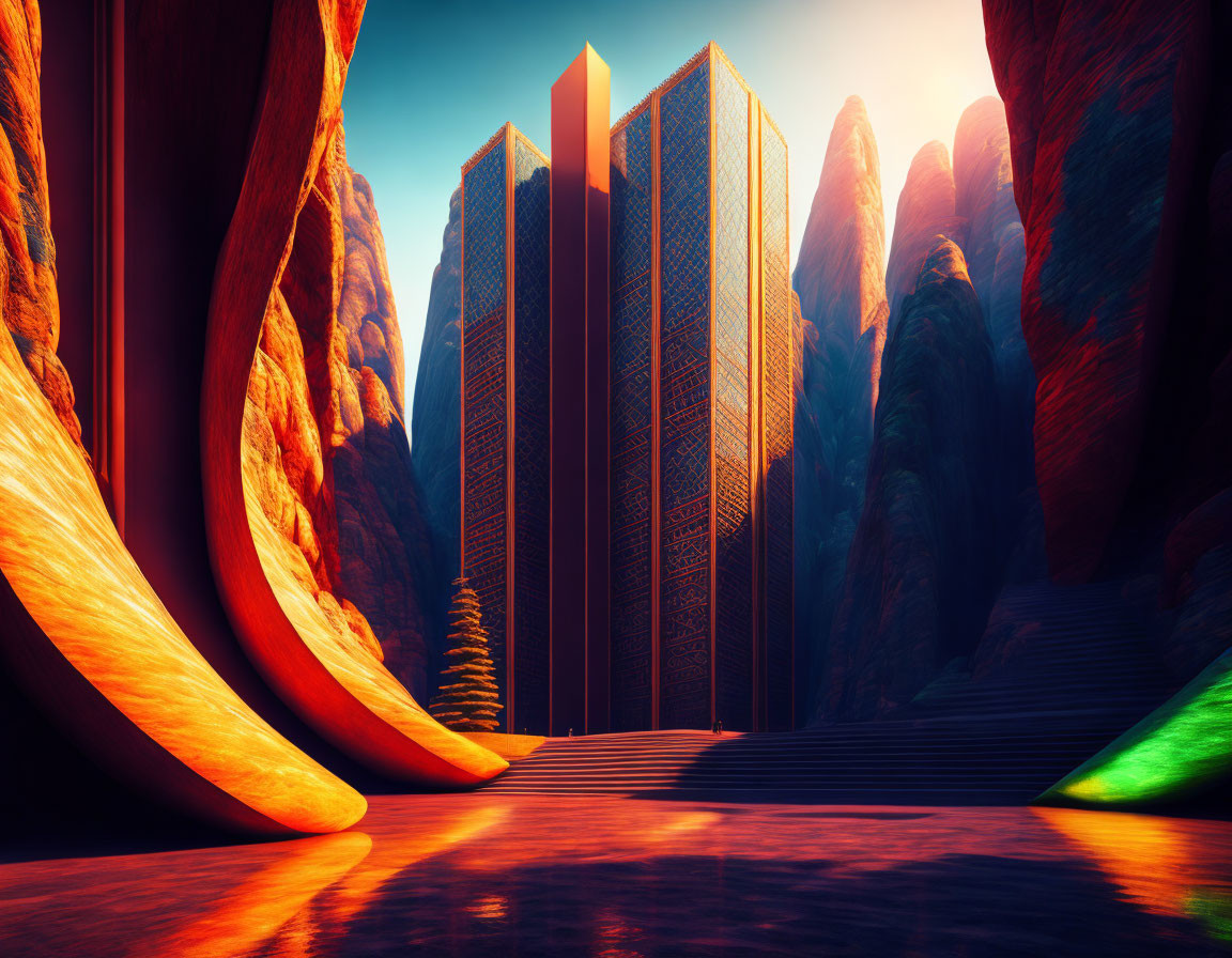 Vivid surreal landscape with modern skyscraper and rock formations