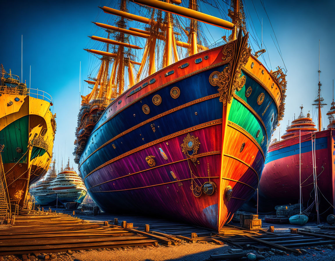 Colorful tall ship with detailed figurehead in dry dock among other boats at dusk