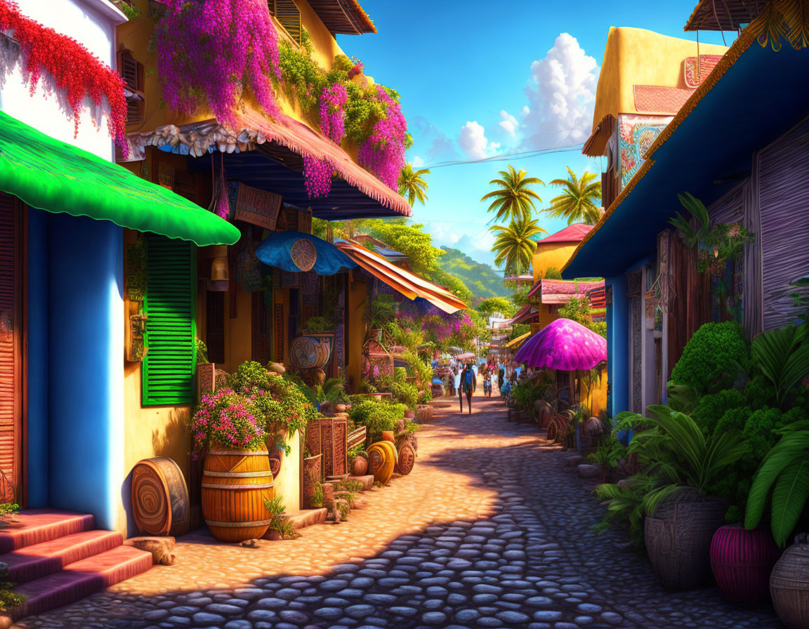 Colorful cobblestone street with vibrant buildings and sunny sky