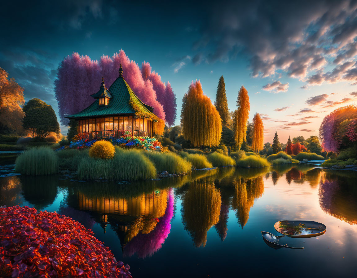 Traditional pavilion in vibrant landscape with calm pond under sunset sky