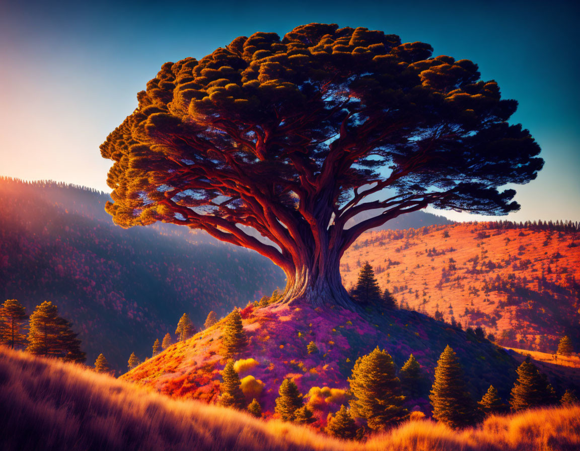 Majestic tree with wide canopy on hilltop at sunset