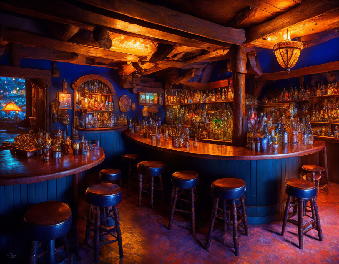 Warmly lit bar with stocked shelves, wooden beams, blue counter