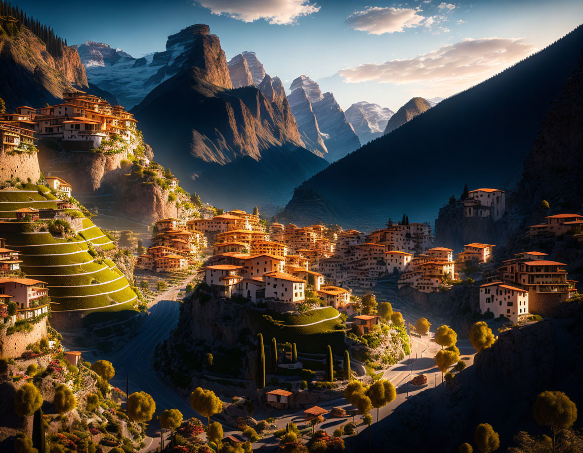 Mountain village at sunset with terraced fields and traditional buildings