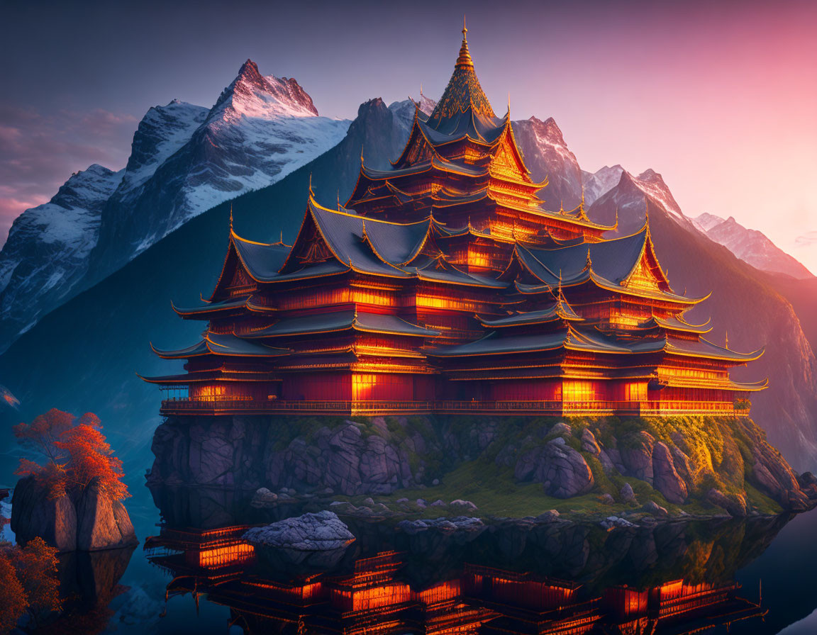 Illuminated Pagoda Among Mountains at Sunset