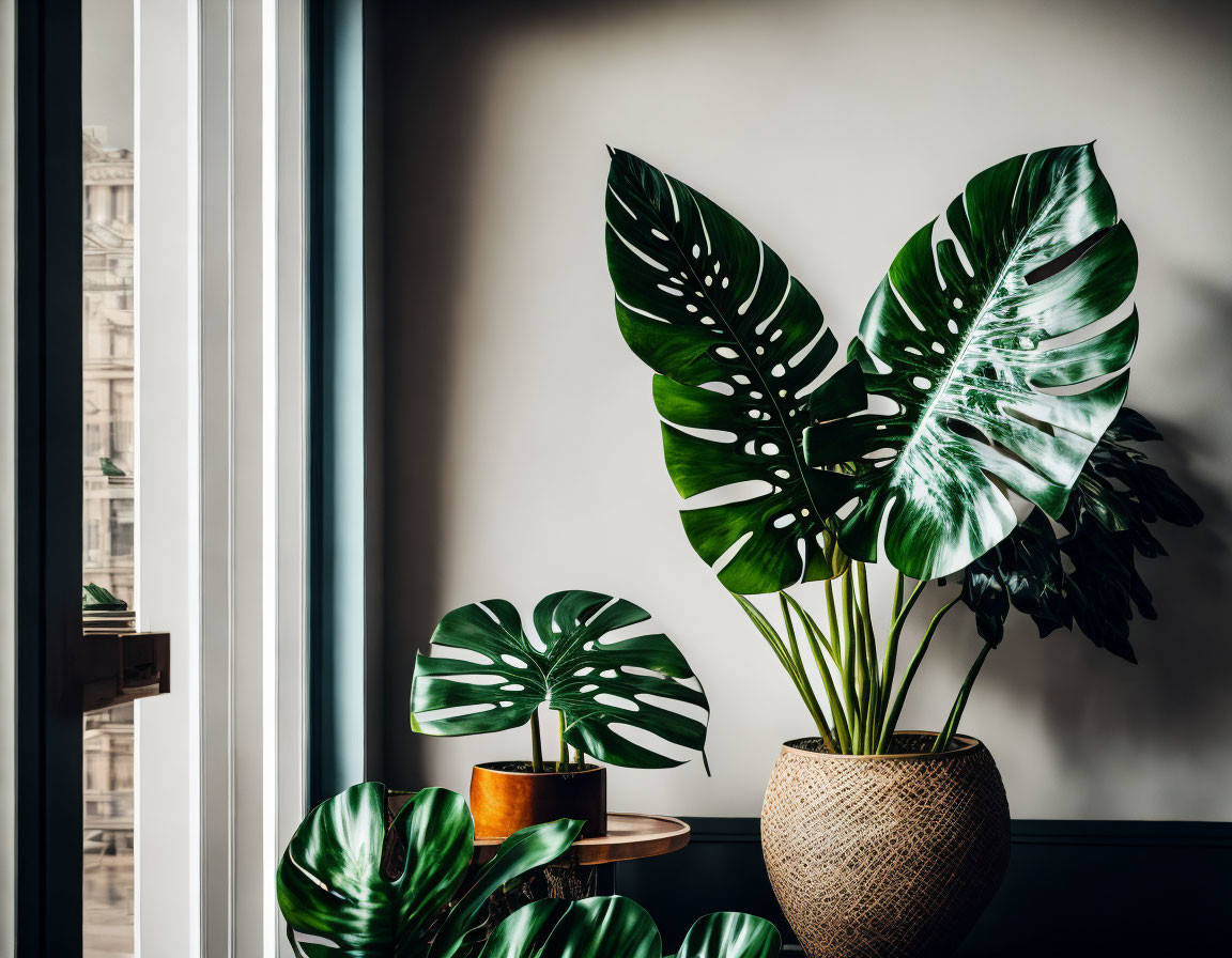 Large Green Leaf Indoor Plants in Pots Near Window with Sheer Curtains