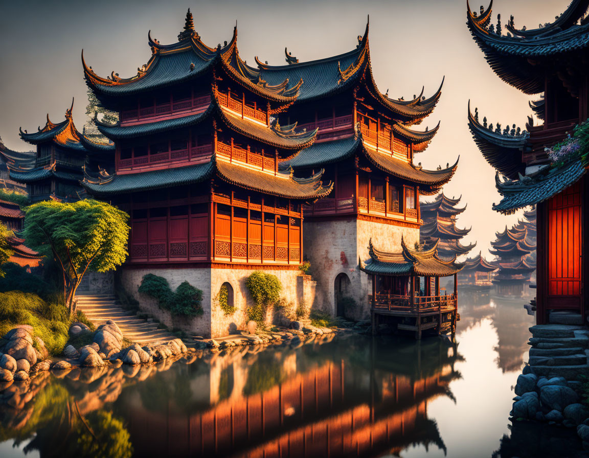 Traditional Chinese Architecture with Pagoda Roofs Reflected in Water at Sunset