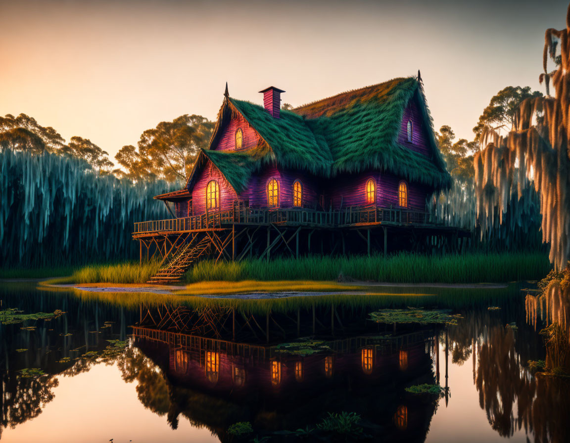 Tranquil twilight scene with moss-covered house on stilts by still waters