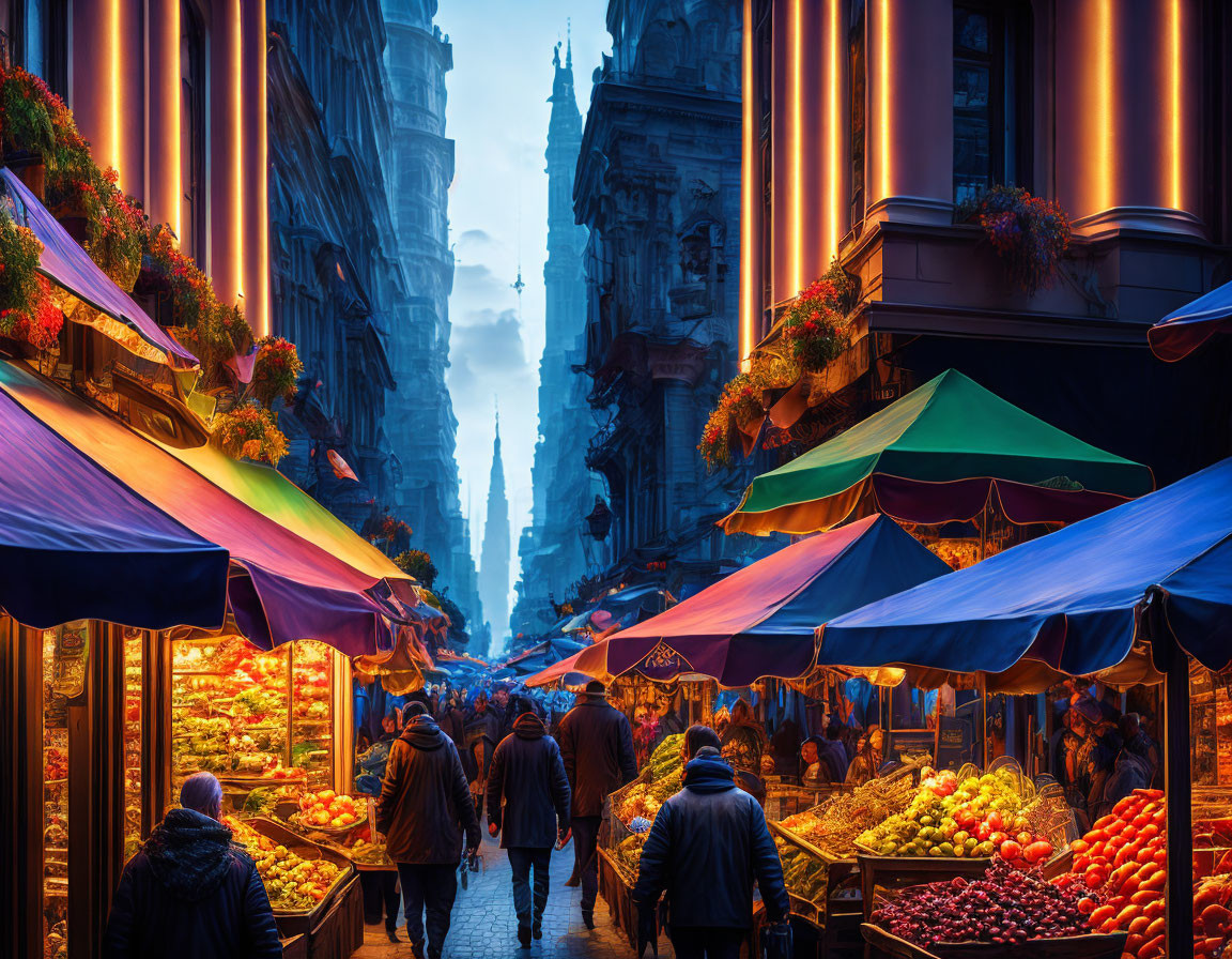 Vibrant street market at twilight with illuminated stalls and cathedral spire.