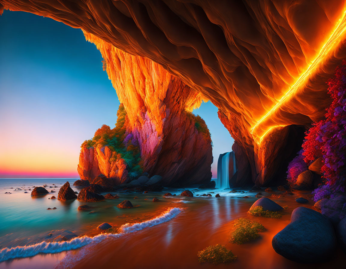 Scenic cave with sunset beach, waterfall, blue waters & colorful flora