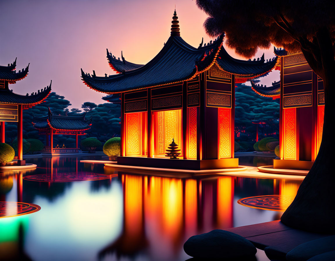 Stylized East Asian scene with illuminated buildings and tranquil water at dusk