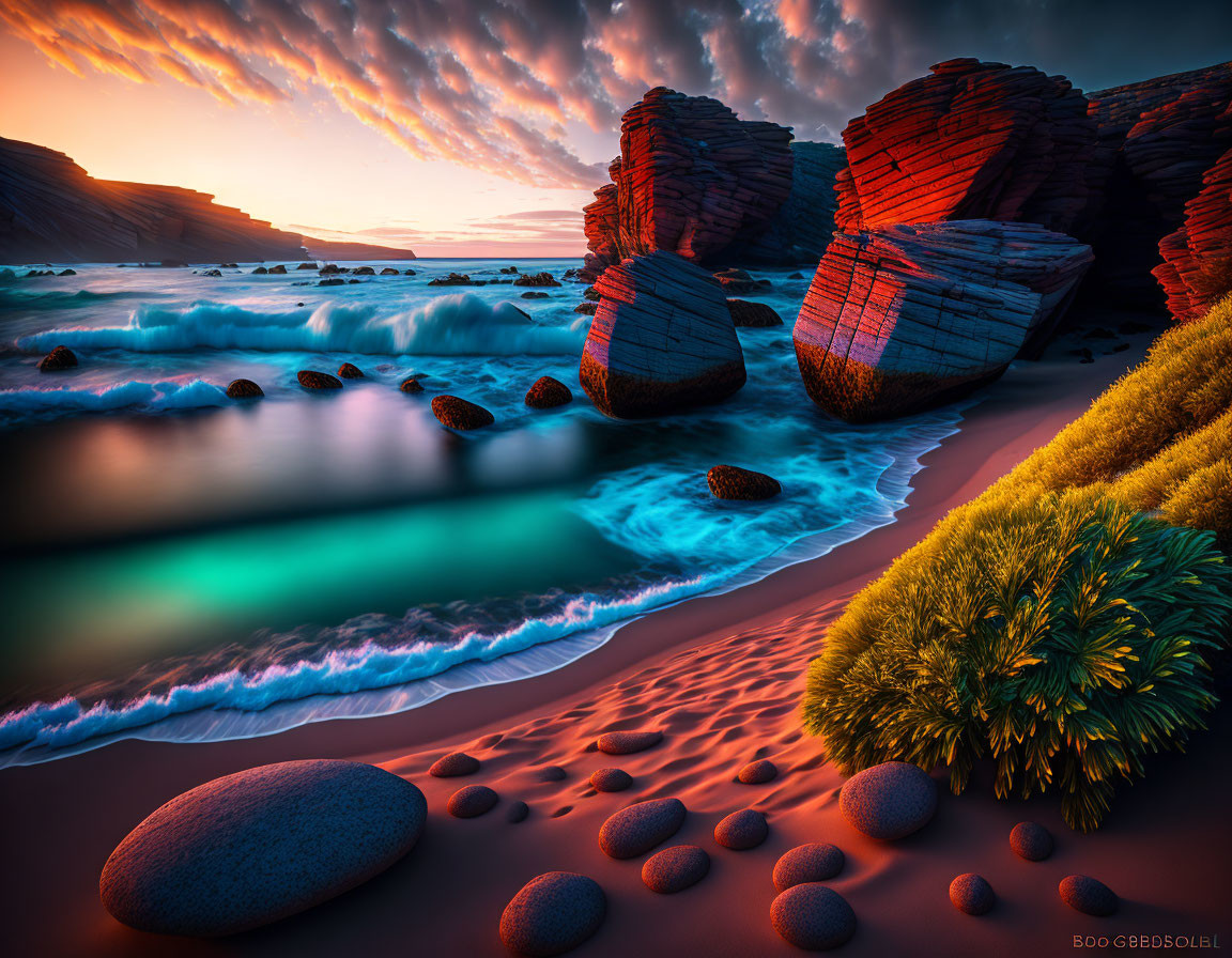 Vibrant coastal sunset with layered rocks, turquoise sea, fiery sky, and lush greenery