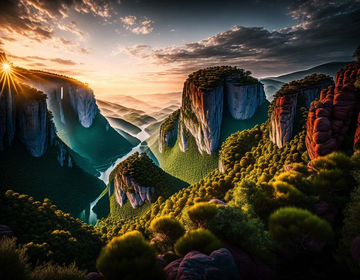 Majestic landscape: towering cliffs, lush greenery, winding river