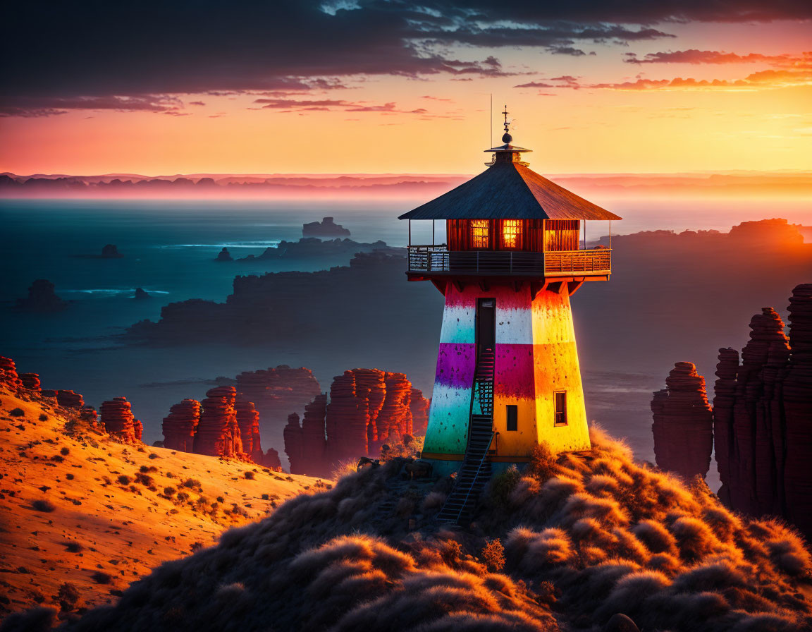 Colorful Lighthouse on Cliff Overlooking Vibrant Sunset Sky