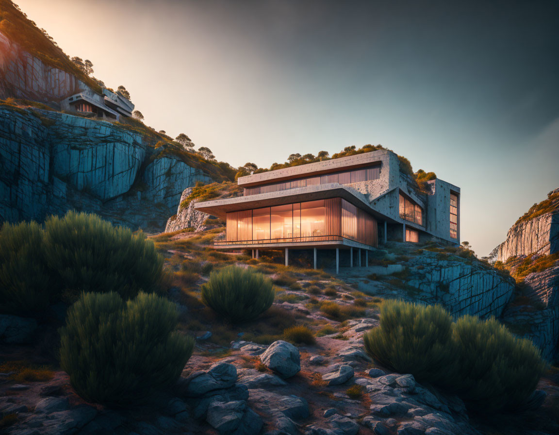 Contemporary house with large windows on rocky hillside at sunset