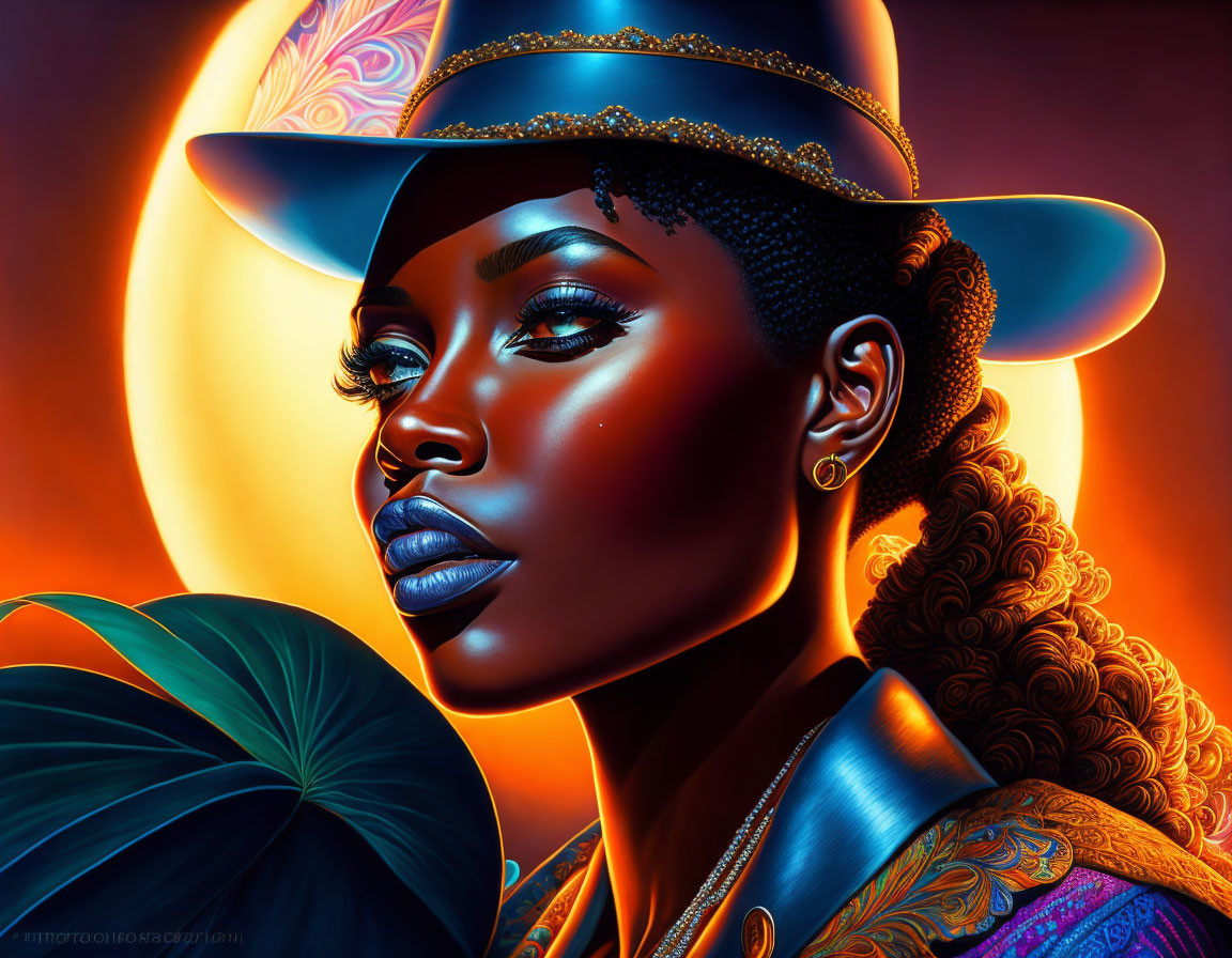 Digital portrait of a woman with luminous skin and decorated hat under warm lighting