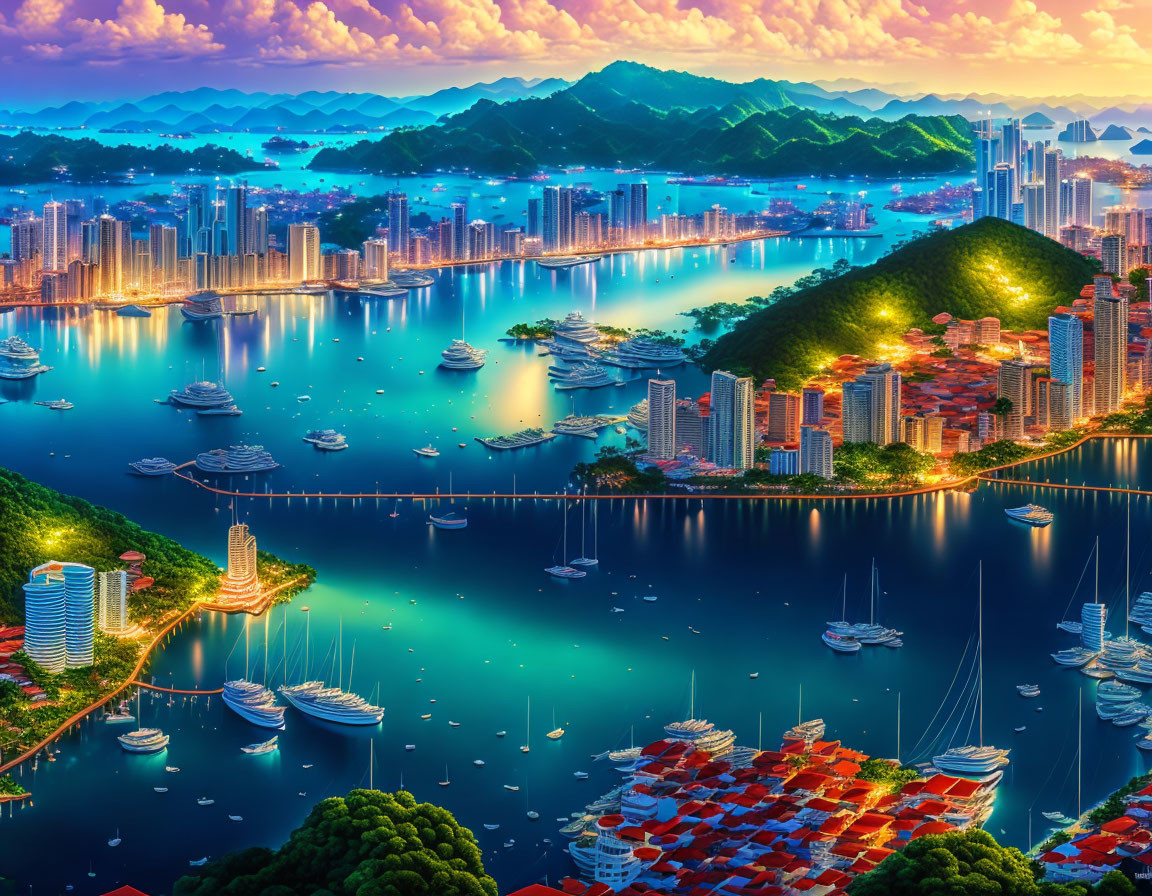 Colorful cityscape at dusk with boats, illuminated buildings, and forested hills by the bay.