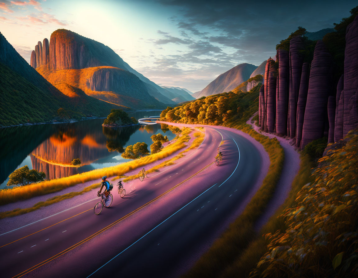 Cyclist riding on winding road in scenic valley at sunset