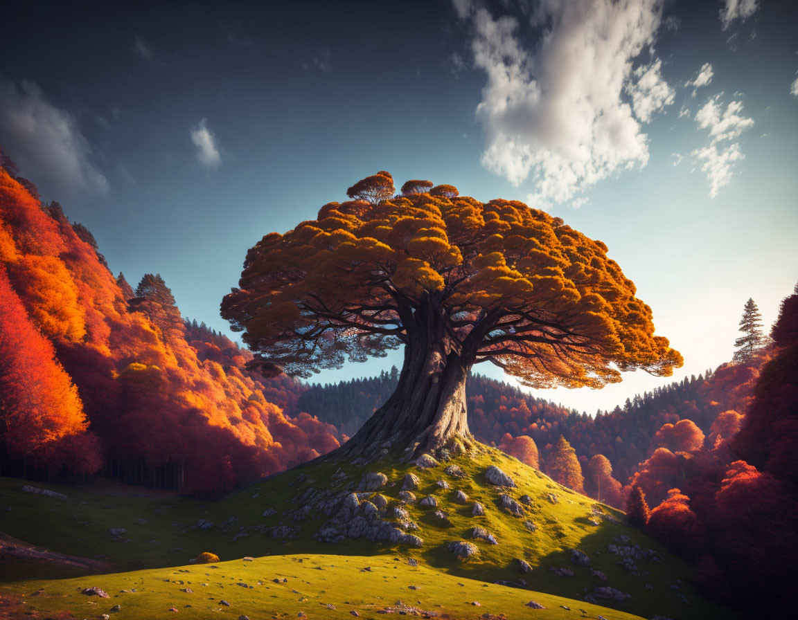 Majestic solitary tree with vibrant orange canopy in autumn forest landscape