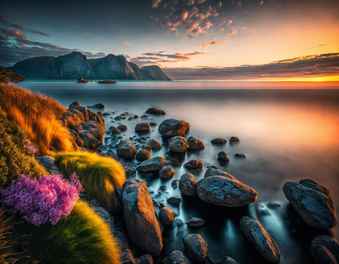 Vibrant sunset scene: rocky shoreline, smooth water, colorful sky, wildflowers, towering cliffs