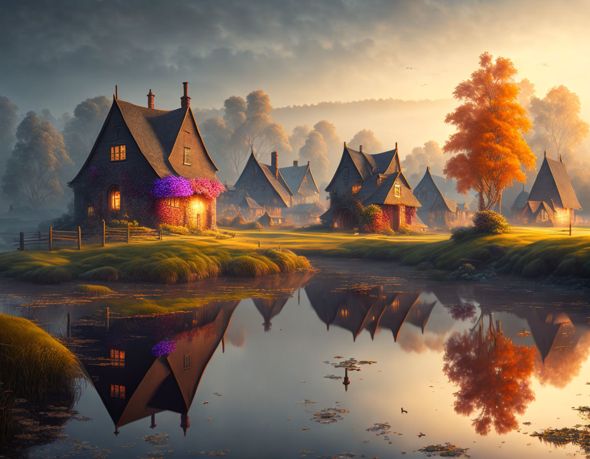 Tranquil village scene with thatched cottages, lake, misty sunrise, lush trees,