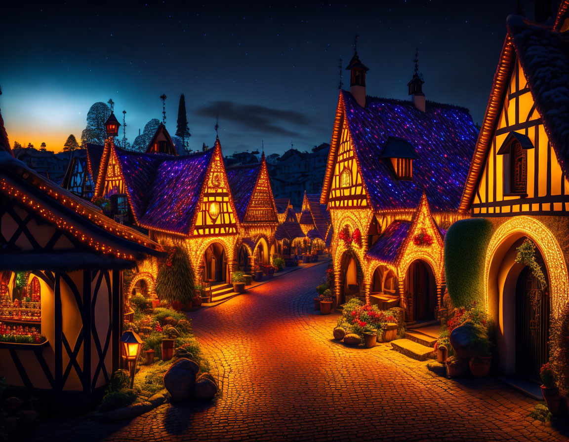 Twilight scene of quaint village with twinkling lights