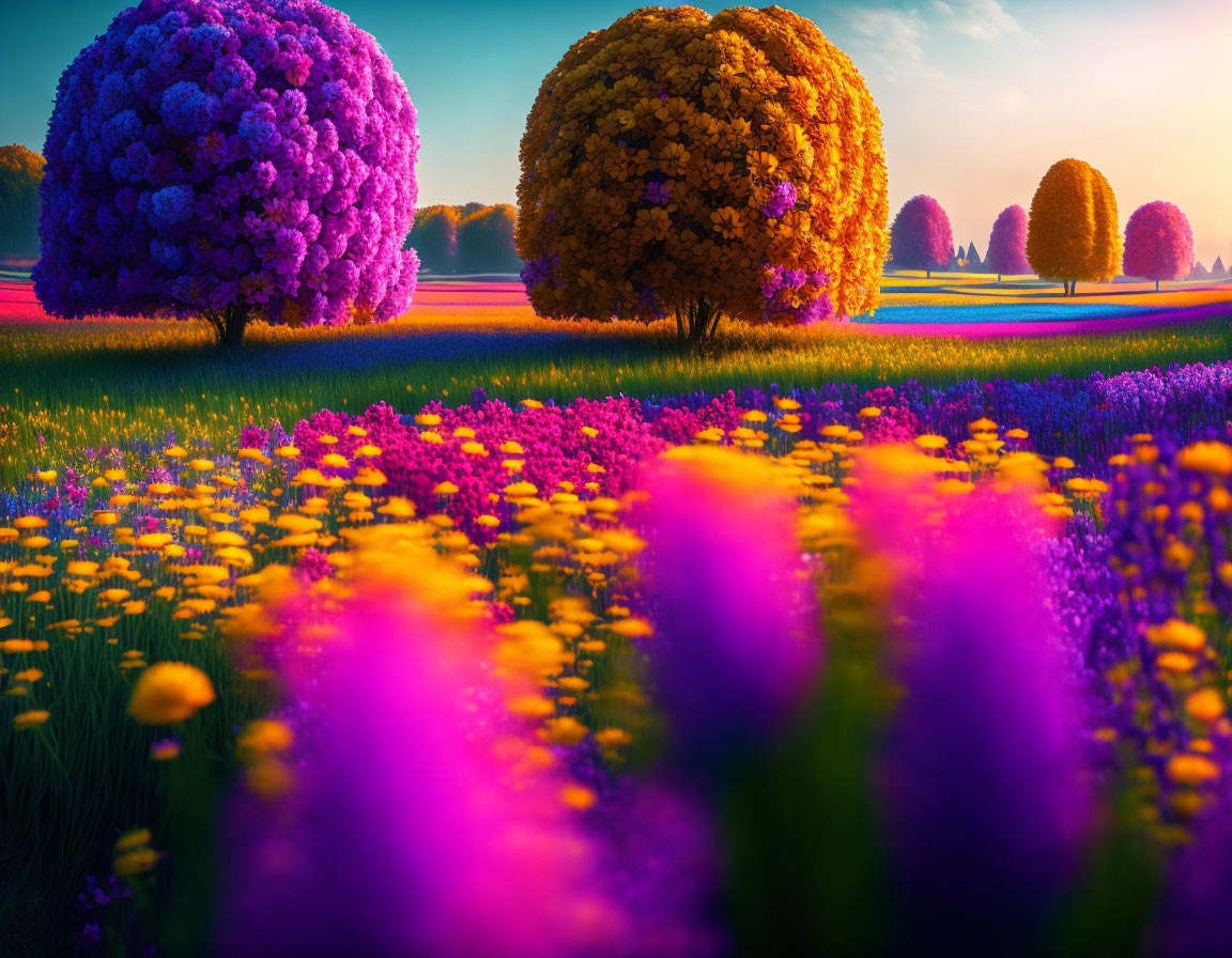 Colorful garden with purple and yellow spherical topiary in lavender and dandelion fields at sunset