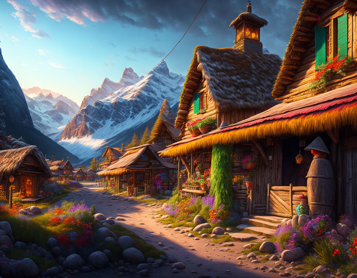 Traditional mountain village with wooden houses, thatched roofs, flowers, and snowy peaks at sunset