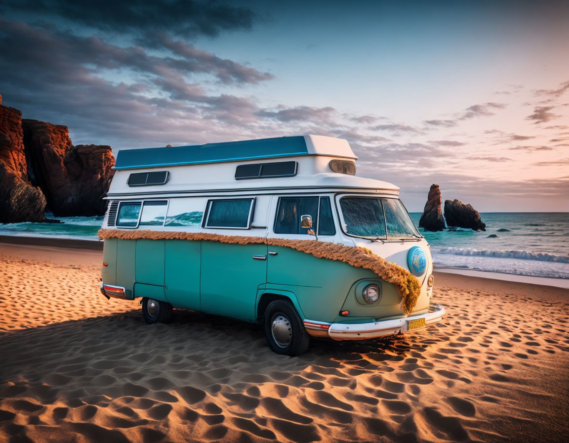 Vintage Camper Van with Pop-Top Roof on Sandy Beach at Sunset