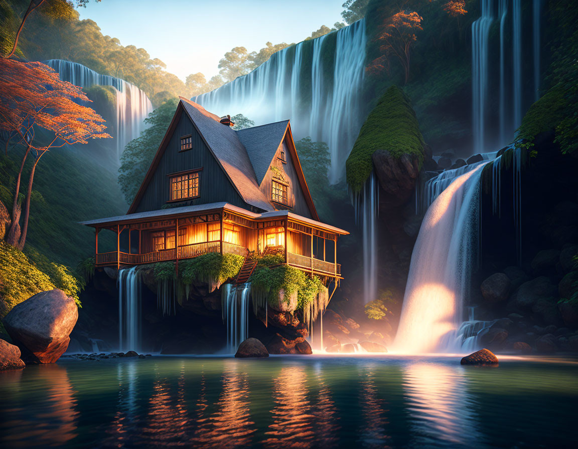 Scenic house by tranquil lake with waterfalls and autumn trees